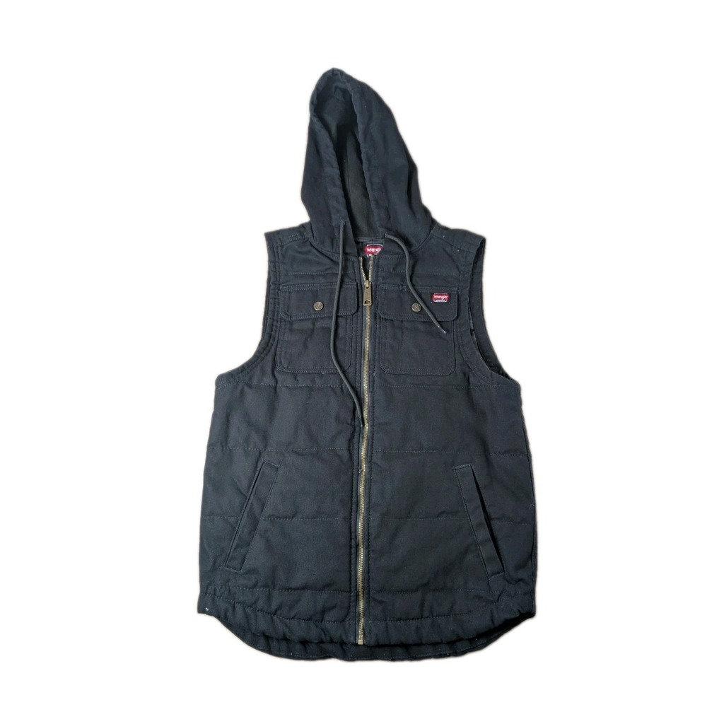 Wrangler Workwear Hooded Puffer Vest Black Canvas Full Zip Utility Work Jacket S